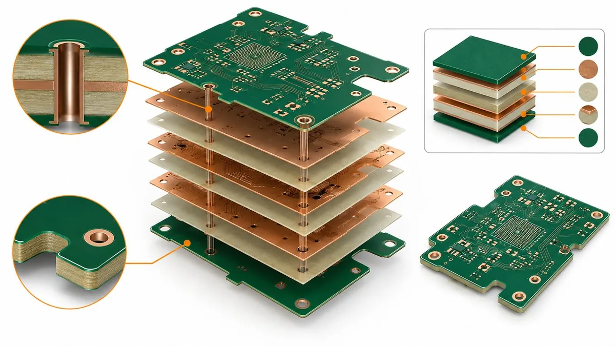 Exploded multilayer PCB showing copper layers, dielectric materials and plated through-holes.